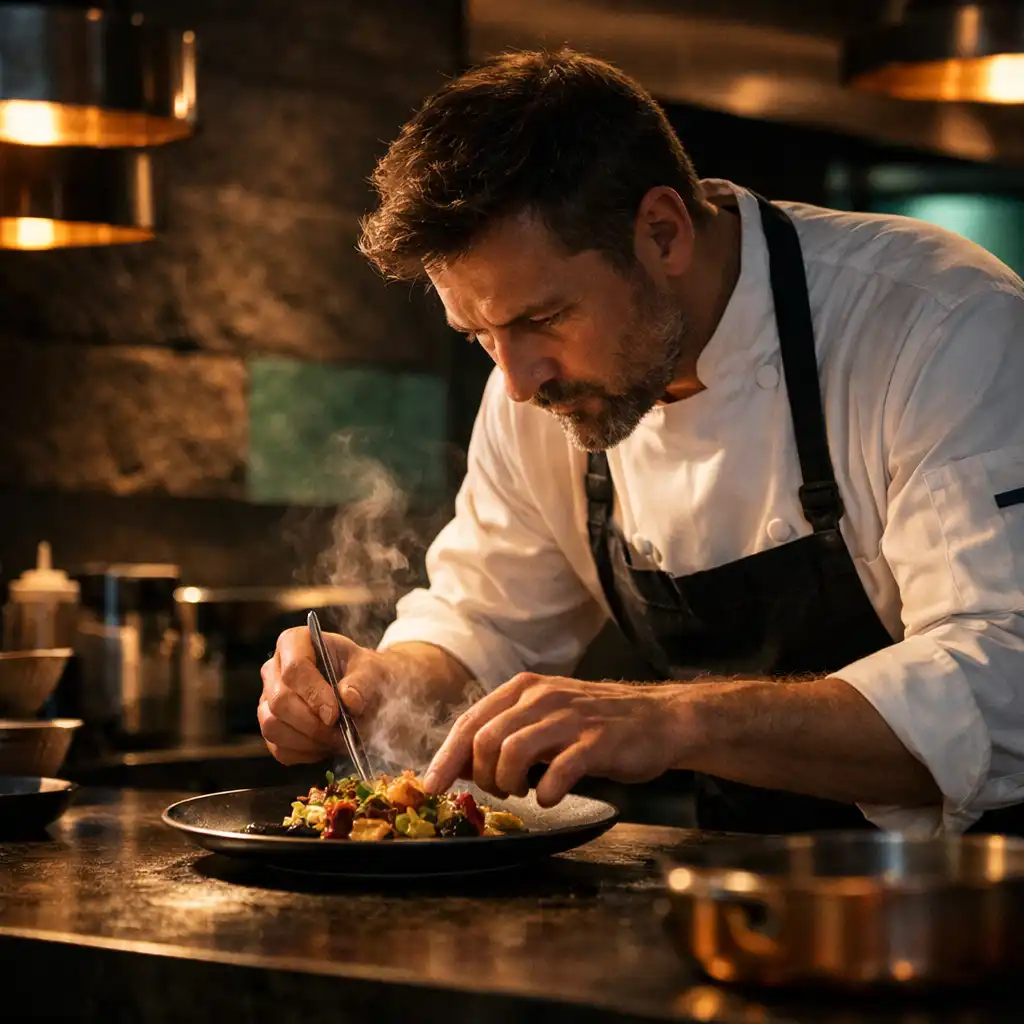 Chef Mara Ellison plating a dish in the Savory Manor kitchen