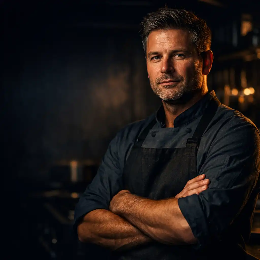 Portrait of the Savory Manor chef standing at a dark kitchen pass under warm amber light