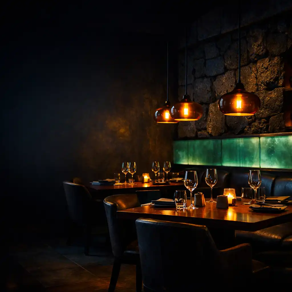Low-lit dining room at Savory Manor with warm amber pendant lights over dark timber tables