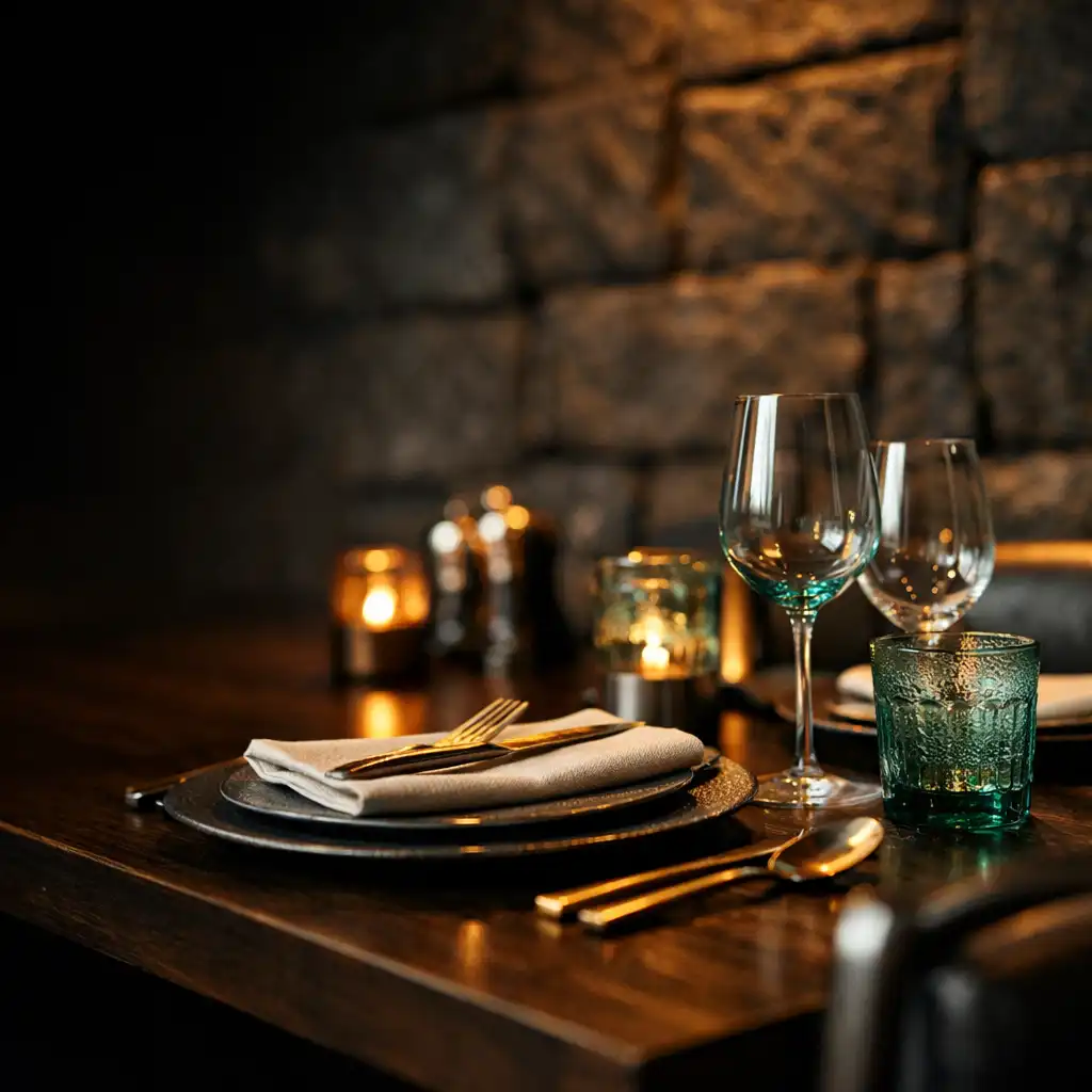 A moody dining table setting with dark timber, brushed metal chairs, and warm amber lighting