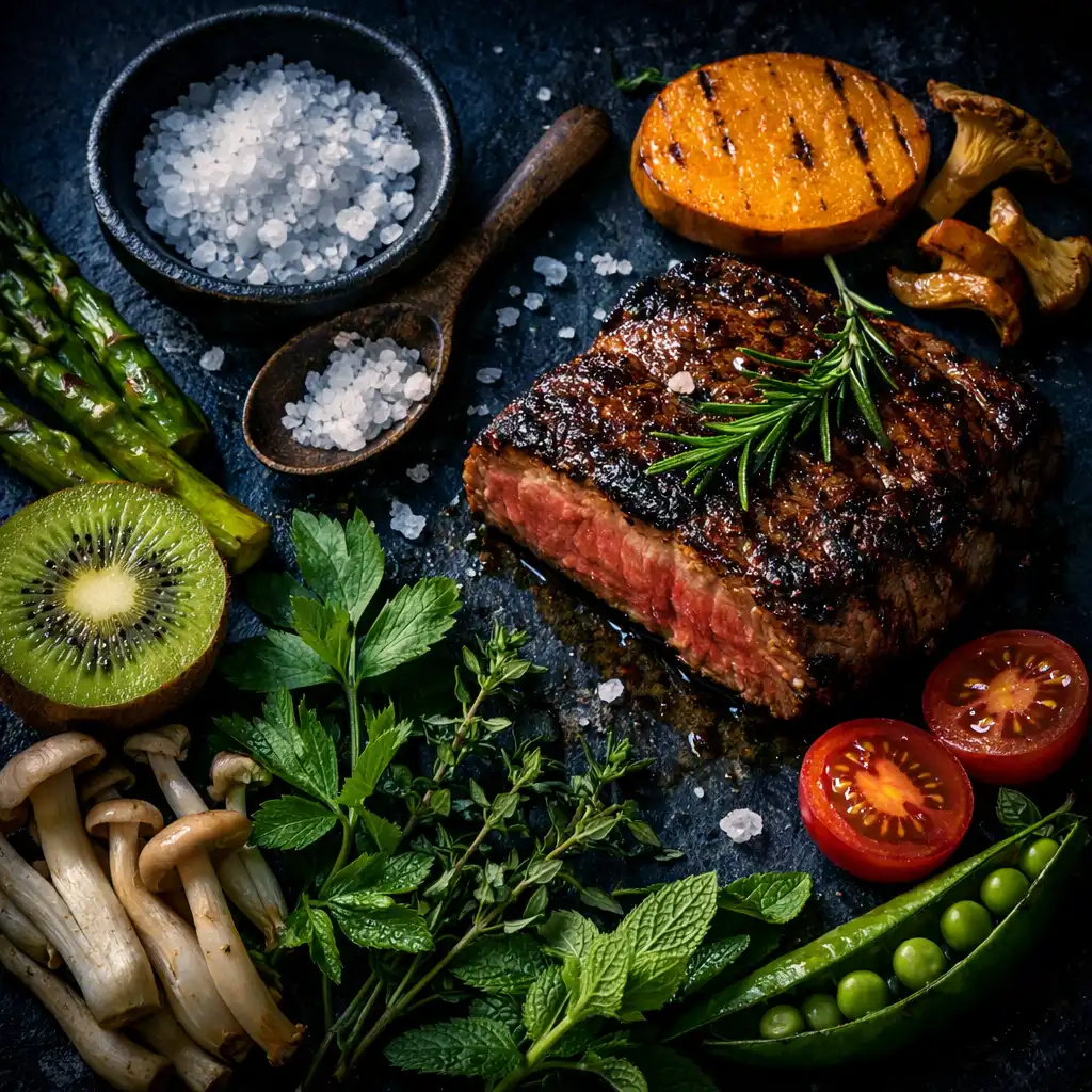 Close-up of premium New Zealand ingredients on a dark stone surface