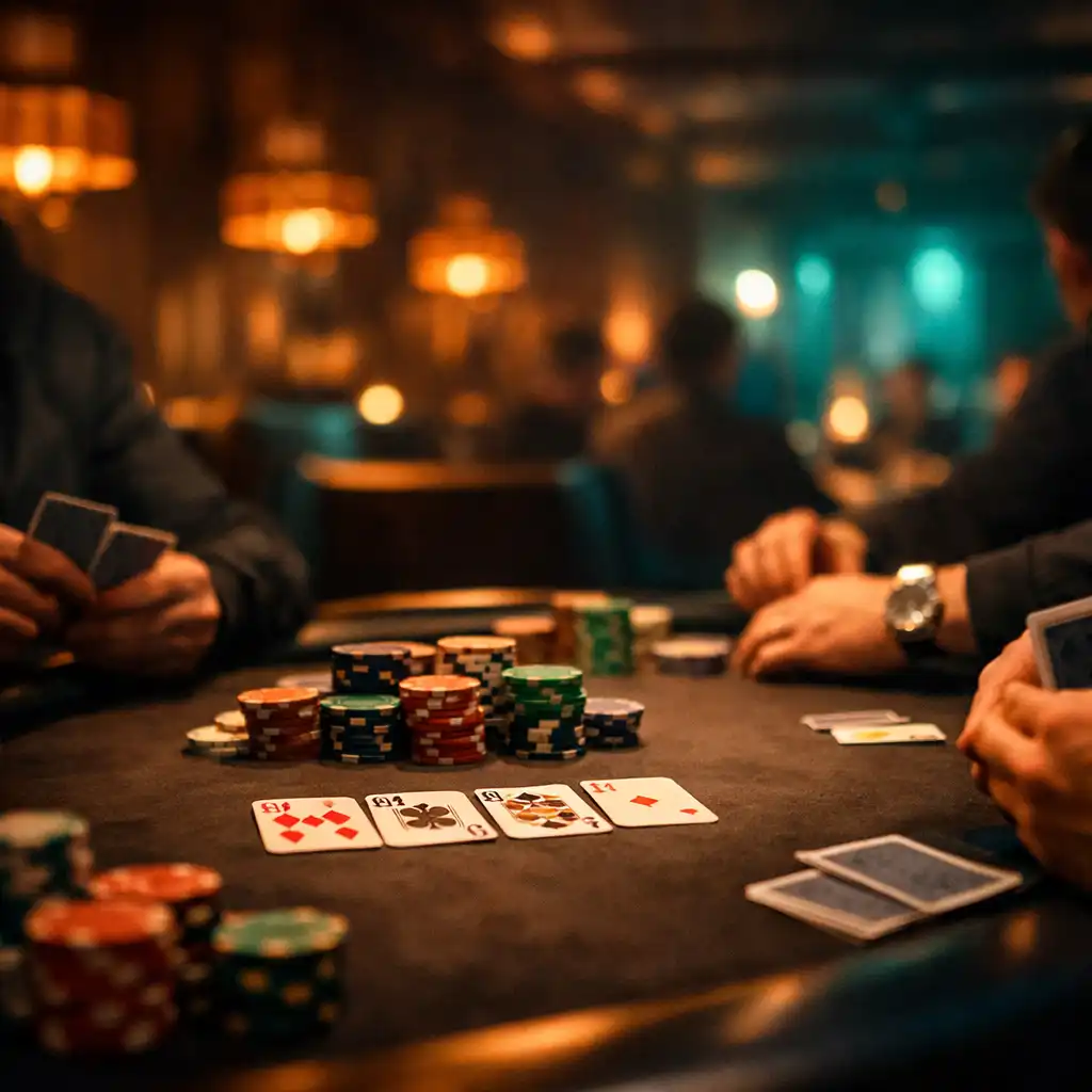 Low-angle view of a poker event in progress with players focused on cards and chips under warm amber lighting