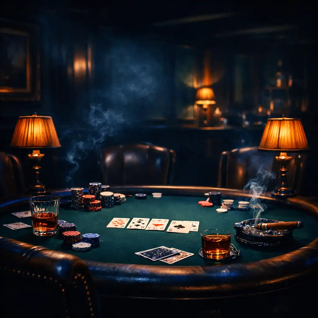 Poker lounge at Savory Manor with a green felt table, chips, cards, and leather chairs in low amber light