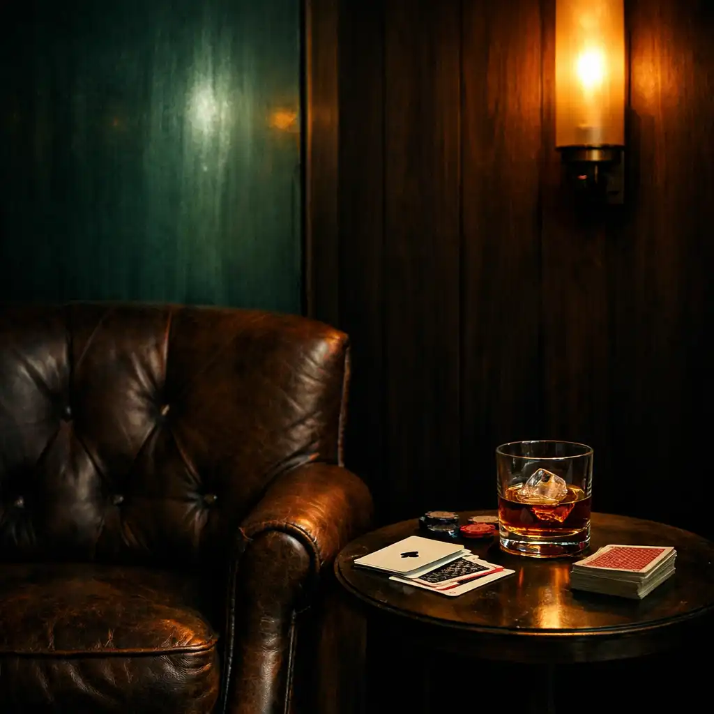 Moody corner of the poker lounge with a leather club chair, side table, deck of cards, and warm amber wall sconce