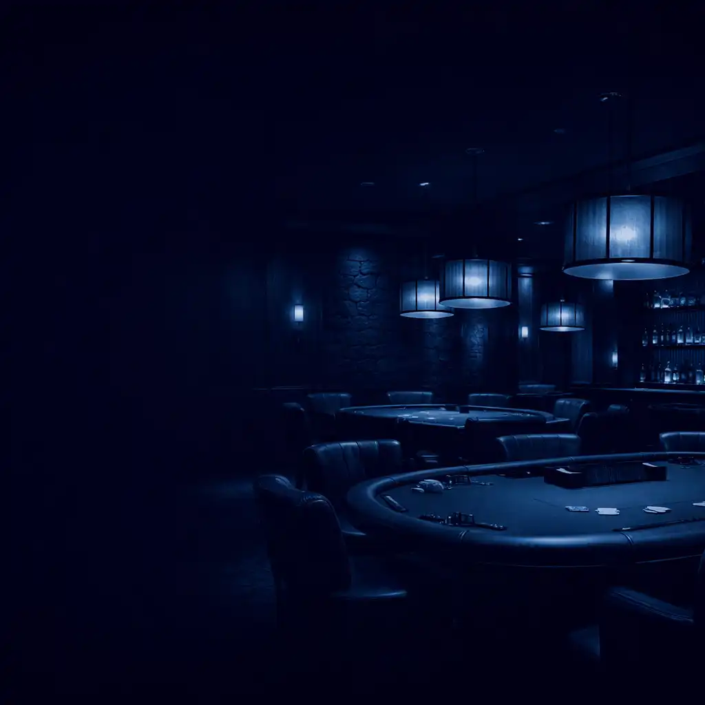 Cinematic view of the Savory Manor poker lounge with dark timber walls, volcanic stone accents, and warm amber pendant lights over premium poker tables