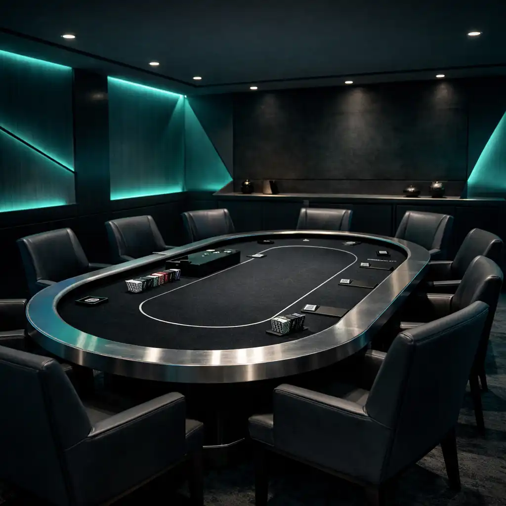 An exclusive poker lounge with a professional table, dark felt, and sea-green accent lighting
