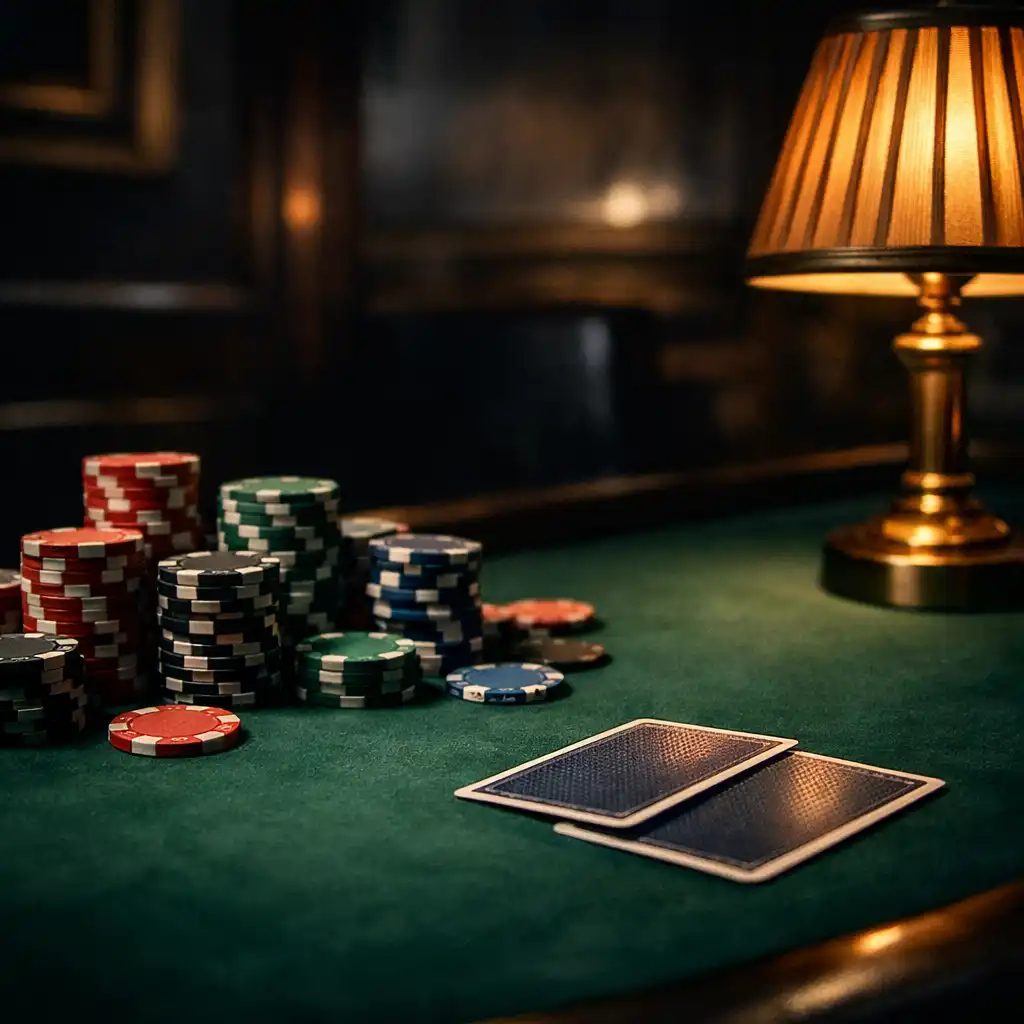 Close-up of a professional poker table with green felt, clay chips, and playing cards under warm light