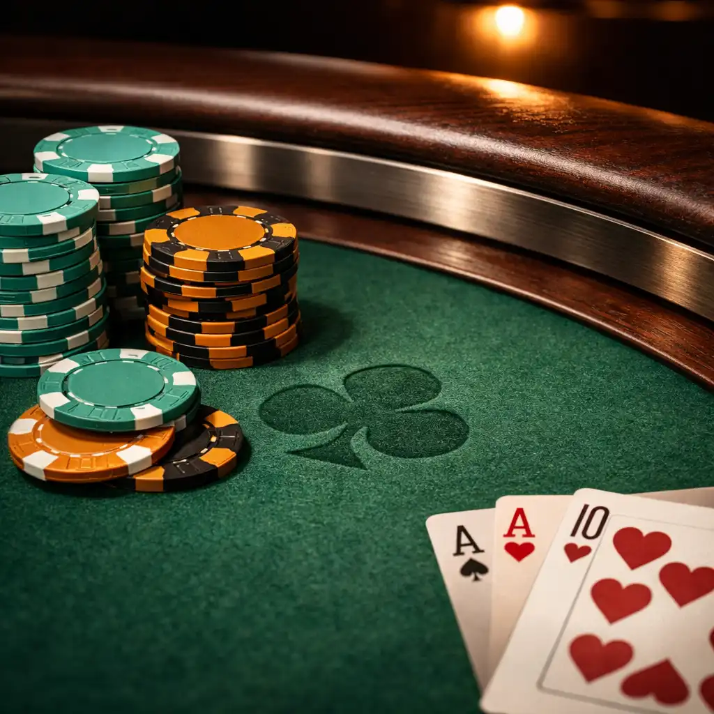 Close-up of a premium poker table with green felt, sea-green and amber poker chips, playing cards, and a dark timber rail