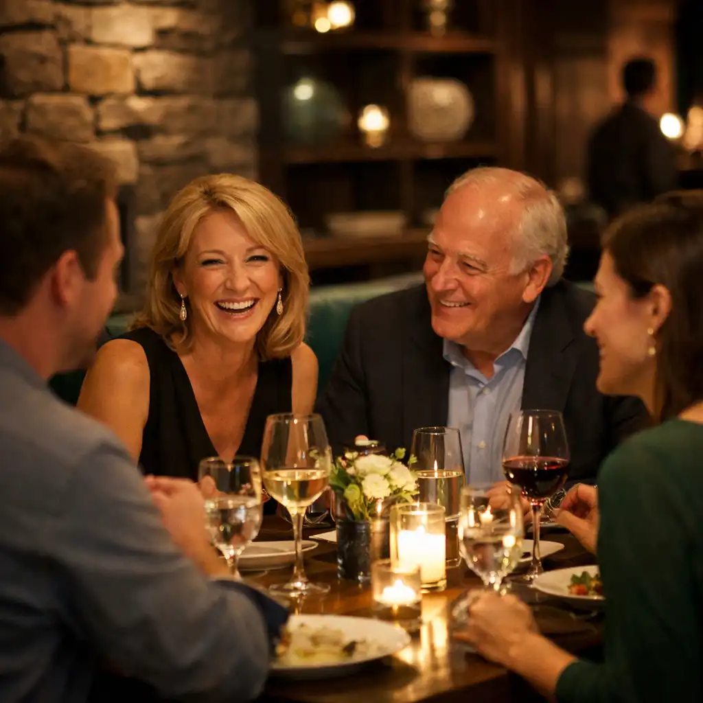 Guests enjoying a private dinner at Savory Manor with warm ambient lighting