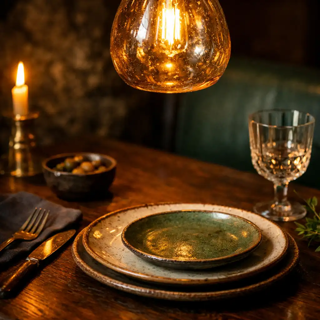 Close-up of a dining table setting with hand-blown glass pendant light and custom ceramic plates