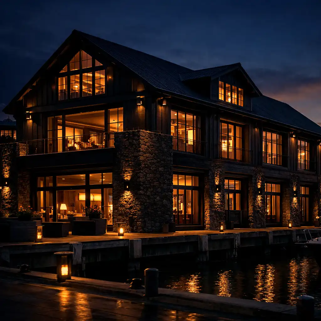 Savory Manor exterior at dusk with warm light glowing from the windows