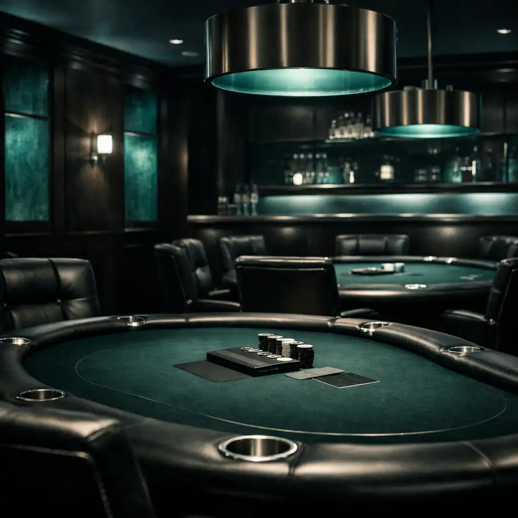 Interior of the private poker lounge with professional tables and sea-green accents