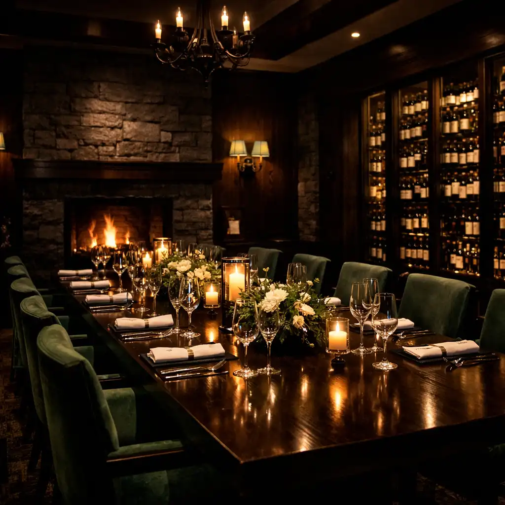Private dining room with a long table set for twelve guests and a warm fireplace