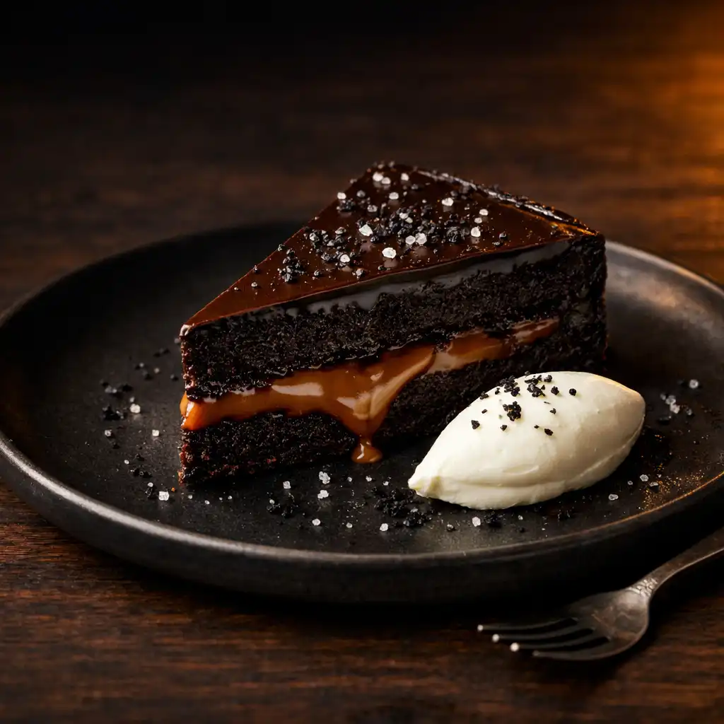 Dark chocolate torte with smoked caramel center, crème fraîche, and volcanic salt