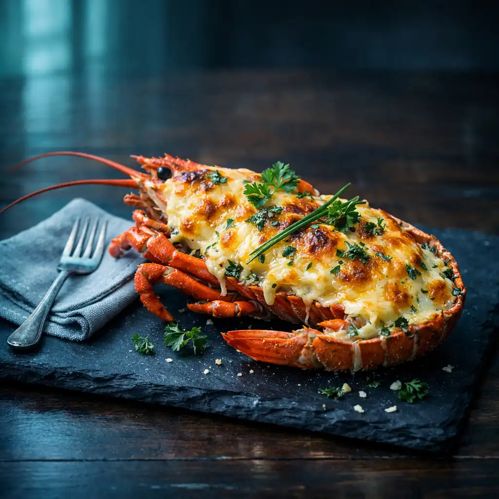 Coastal crayfish thermidor served in its shell with gratinated cheese and fresh herbs
