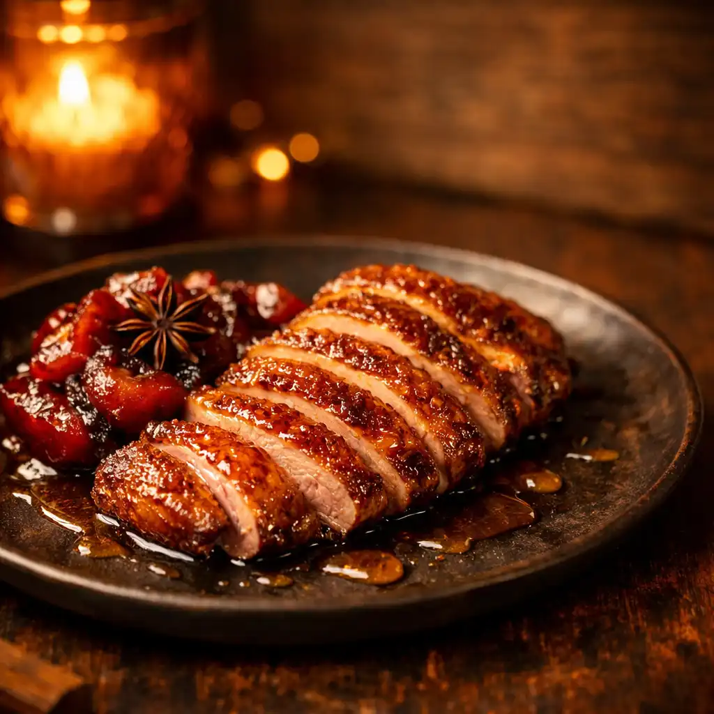 Manuka honey glazed duck breast with crispy skin, spiced plum compote, and a drizzle of honey