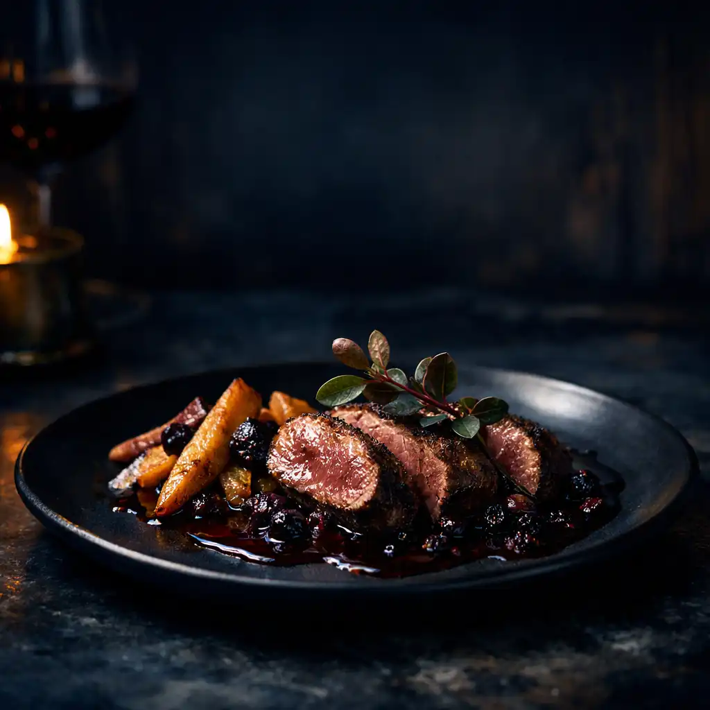 Seared Fiordland venison with dark berry jus and roasted root vegetables on a dark stone table