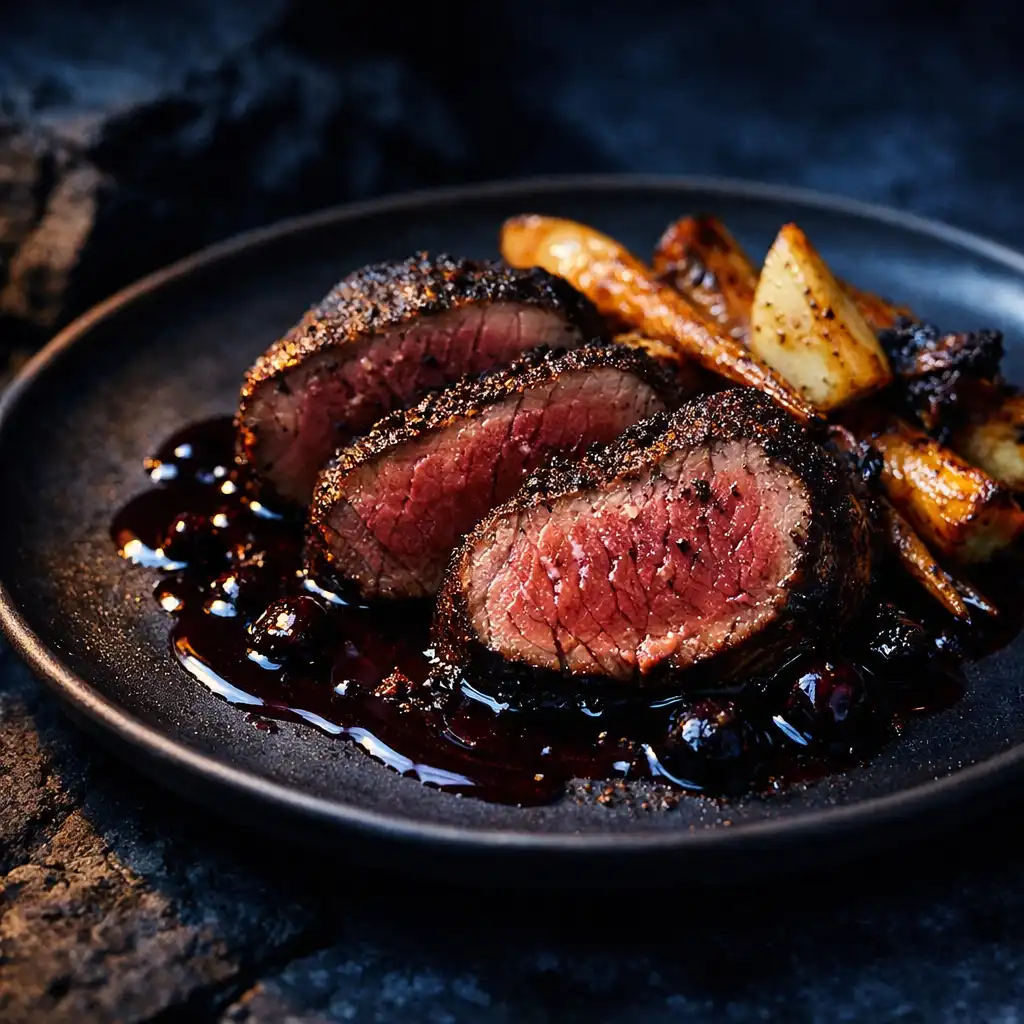 Seared Fiordland venison loin sliced to reveal a medium-rare interior with dark berry jus and roasted vegetables