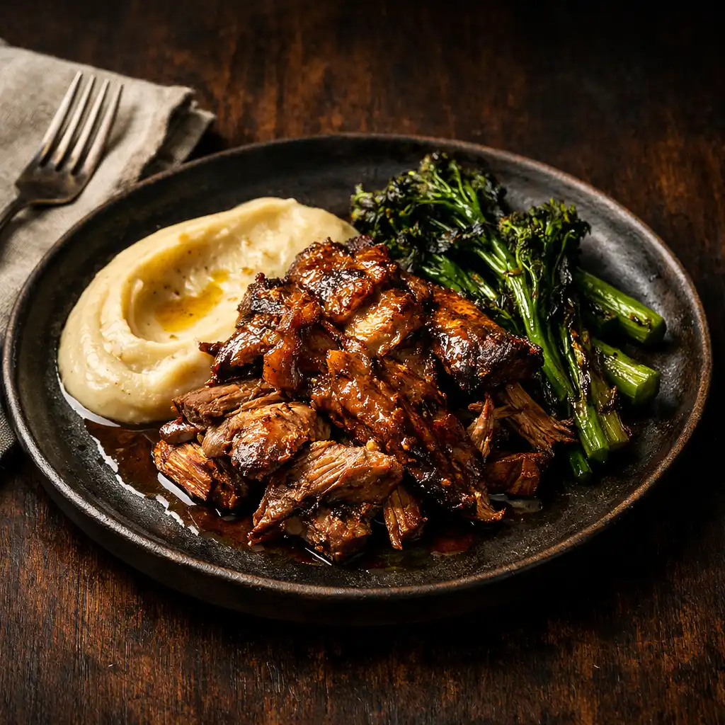 Slow-roasted New Zealand lamb shoulder with smoked potato purée and charred greens