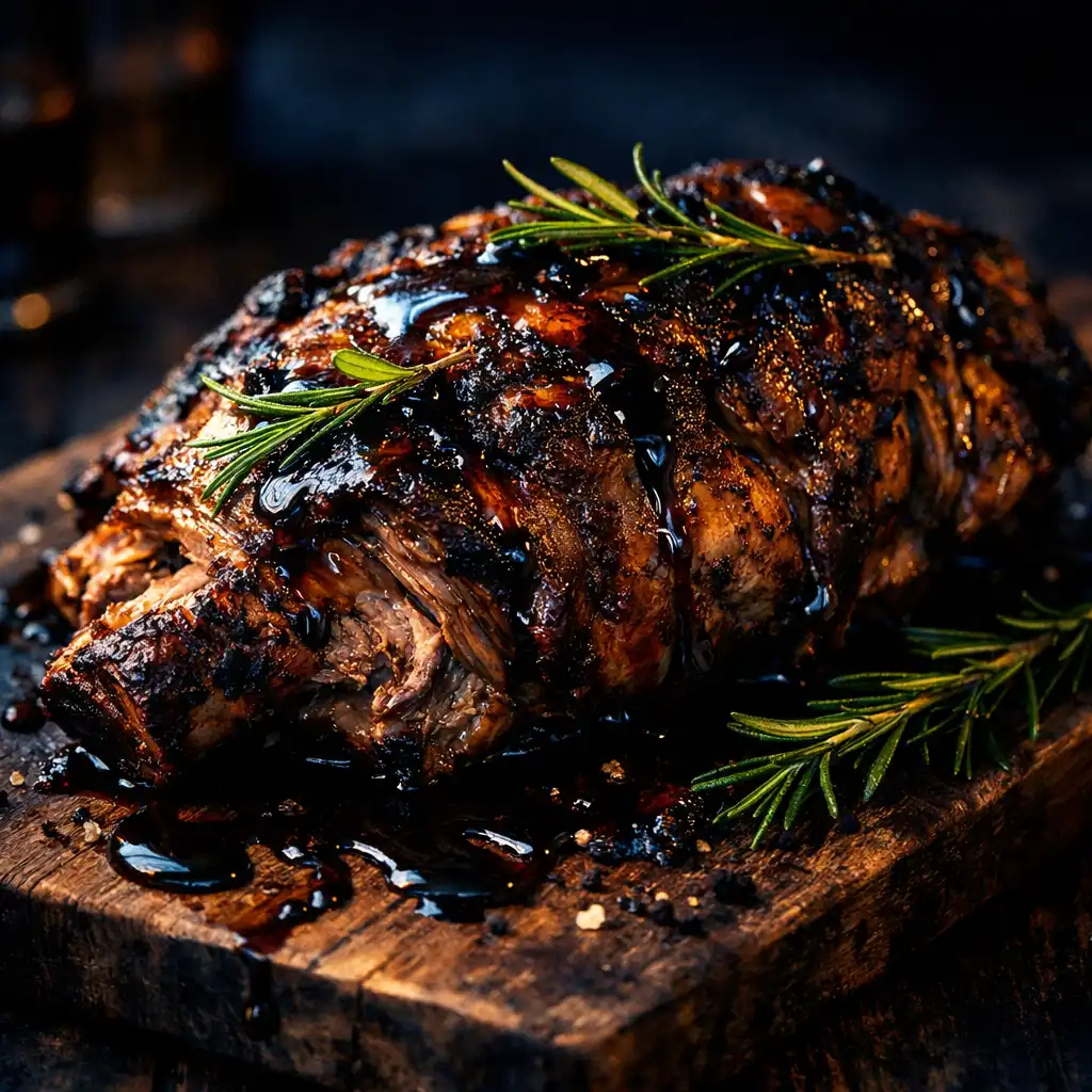 Slow-cooked lamb shoulder on a rustic wooden board with rosemary sprigs and dark jus
