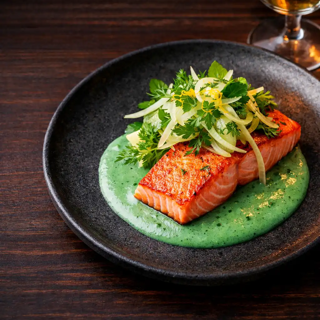 Seared king salmon with sea-green citrus beurre blanc, fennel, and herb salad